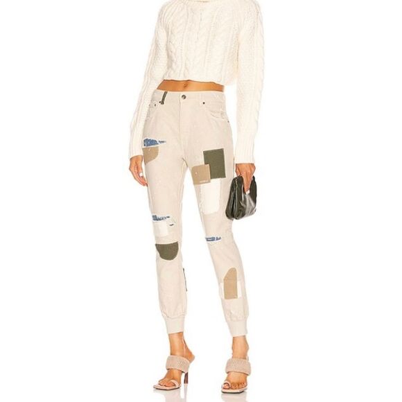 SER.O.YA Crew Pant in Cario Patch Organic Cotton Button Fly High Rise Banded Hem